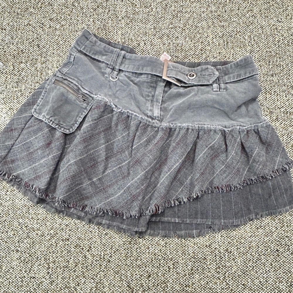 Miss Bisou Mini Skirt Size 5 Gray Corduroy Plaid Mixed Media Y2K Grunge Belted